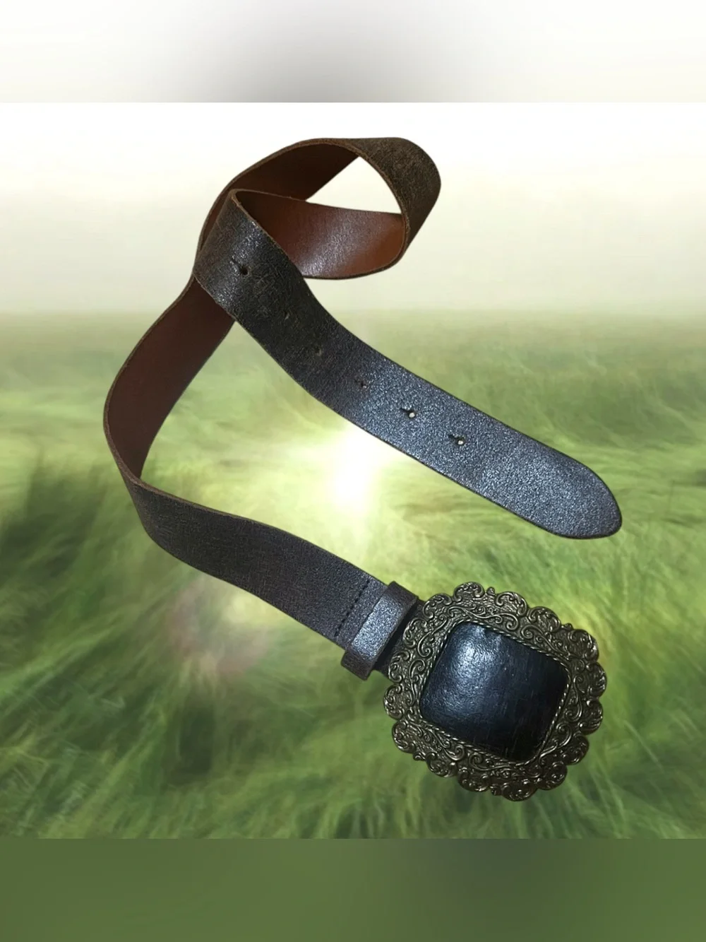 Vintage Brown Leather Belt with Ornate Black Stone Buckle